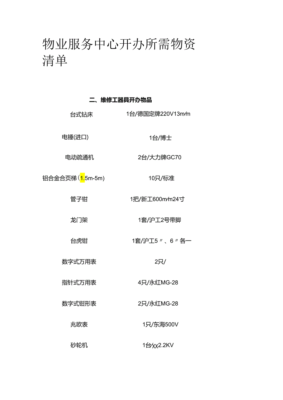 物业服务中心开办所需物资清单全套.docx_第1页
