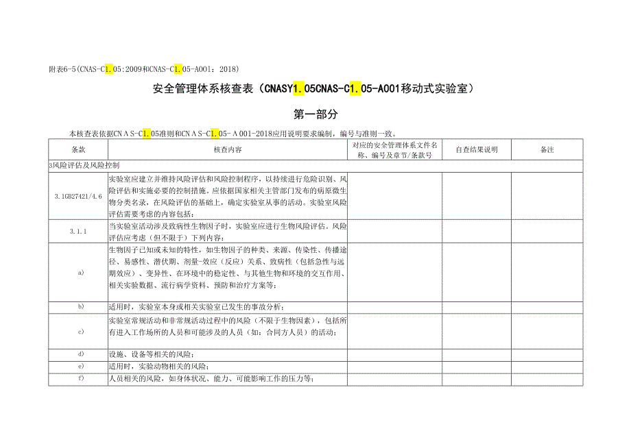 CNAS-AL05-12：20200831附表6-5安全管理体系核查表（移动式实验室）.docx_第1页