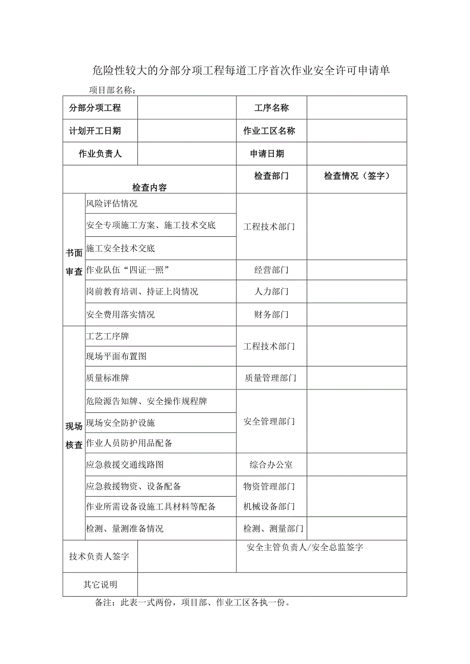 危险性较大的分部分项工程每道工序首次作业安全许可申请单.docx_第1页