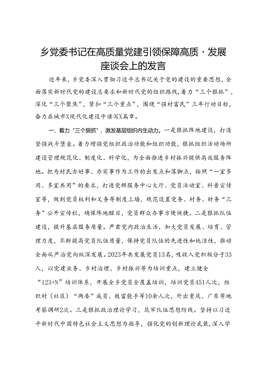 乡党委书记在高质量党建引领保障高质量发展座谈会上的发言.docx_第1页