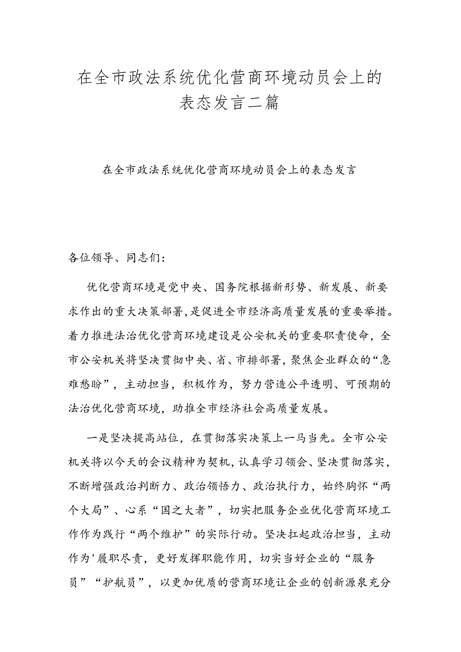 在全市政法系统优化营商环境动员会上的表态发言二篇.docx_第1页