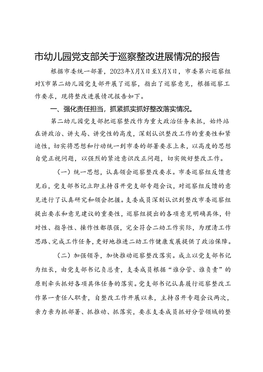 市幼儿园党支部关于巡察整改进展情况的报告.docx_第1页