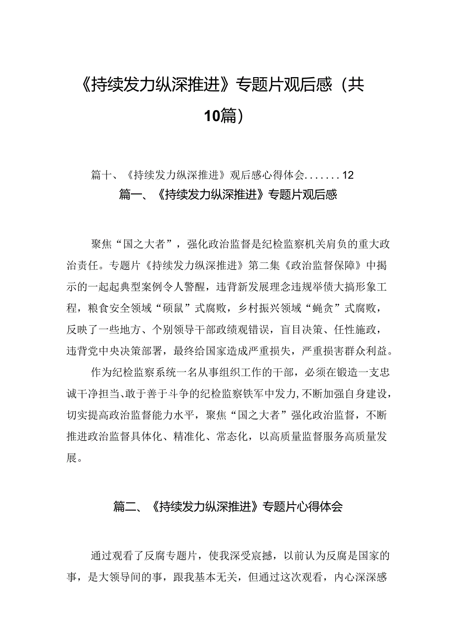 《持续发力纵深推进》专题片观后感(10篇合集).docx_第1页