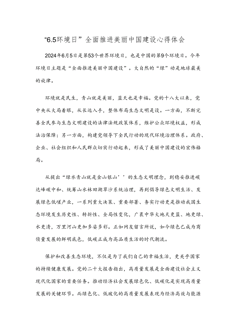 “6.5环境日”全面推进美丽中国建设心得体会.docx_第1页