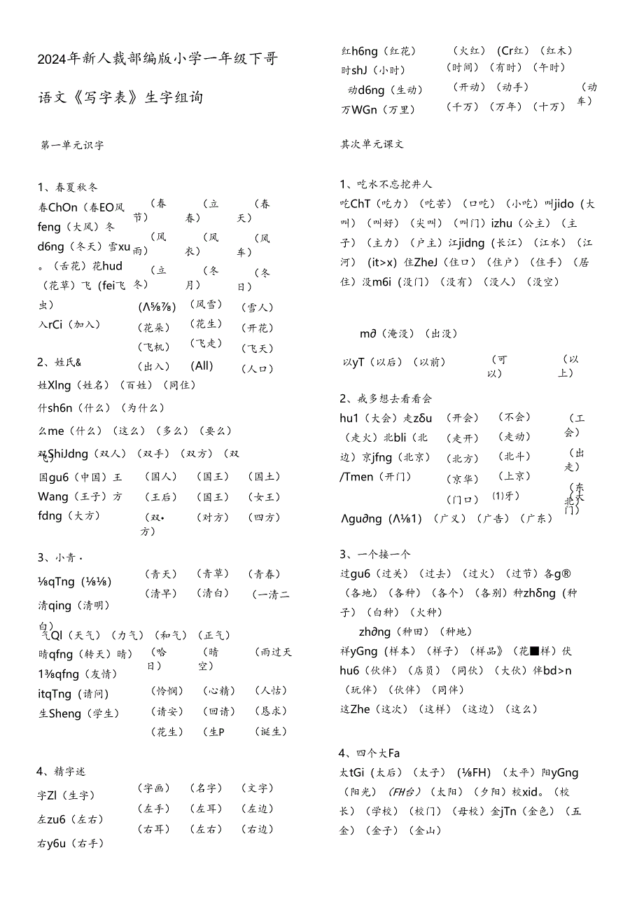 2024年新人教部编版小学一年级下册生字表组词.docx_第1页