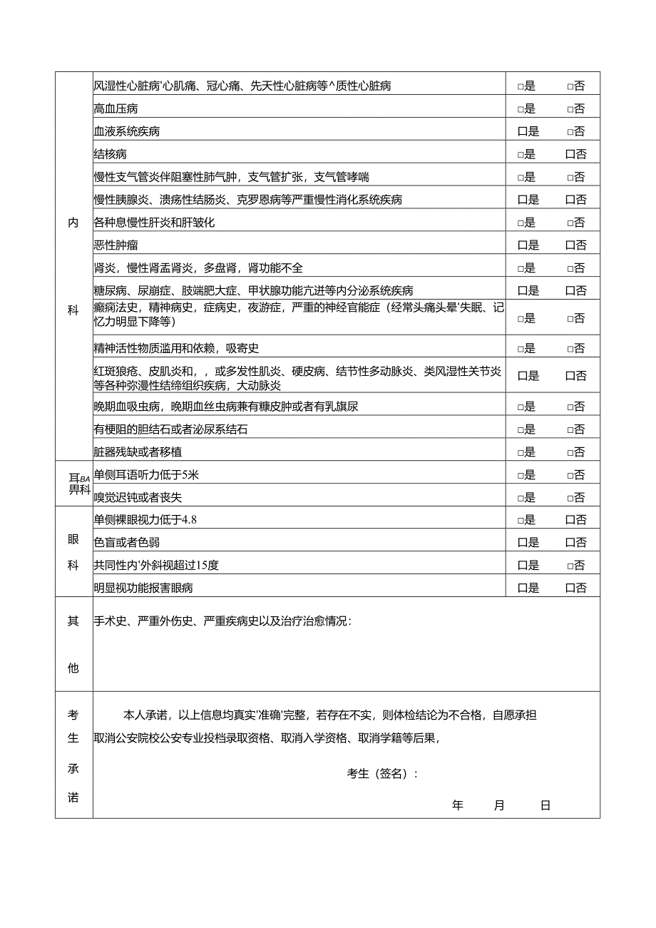 公安院校公安专业本专科招生考生患病经历申报表（2024年公安普通高等院校公安专业在青招生）.docx_第2页