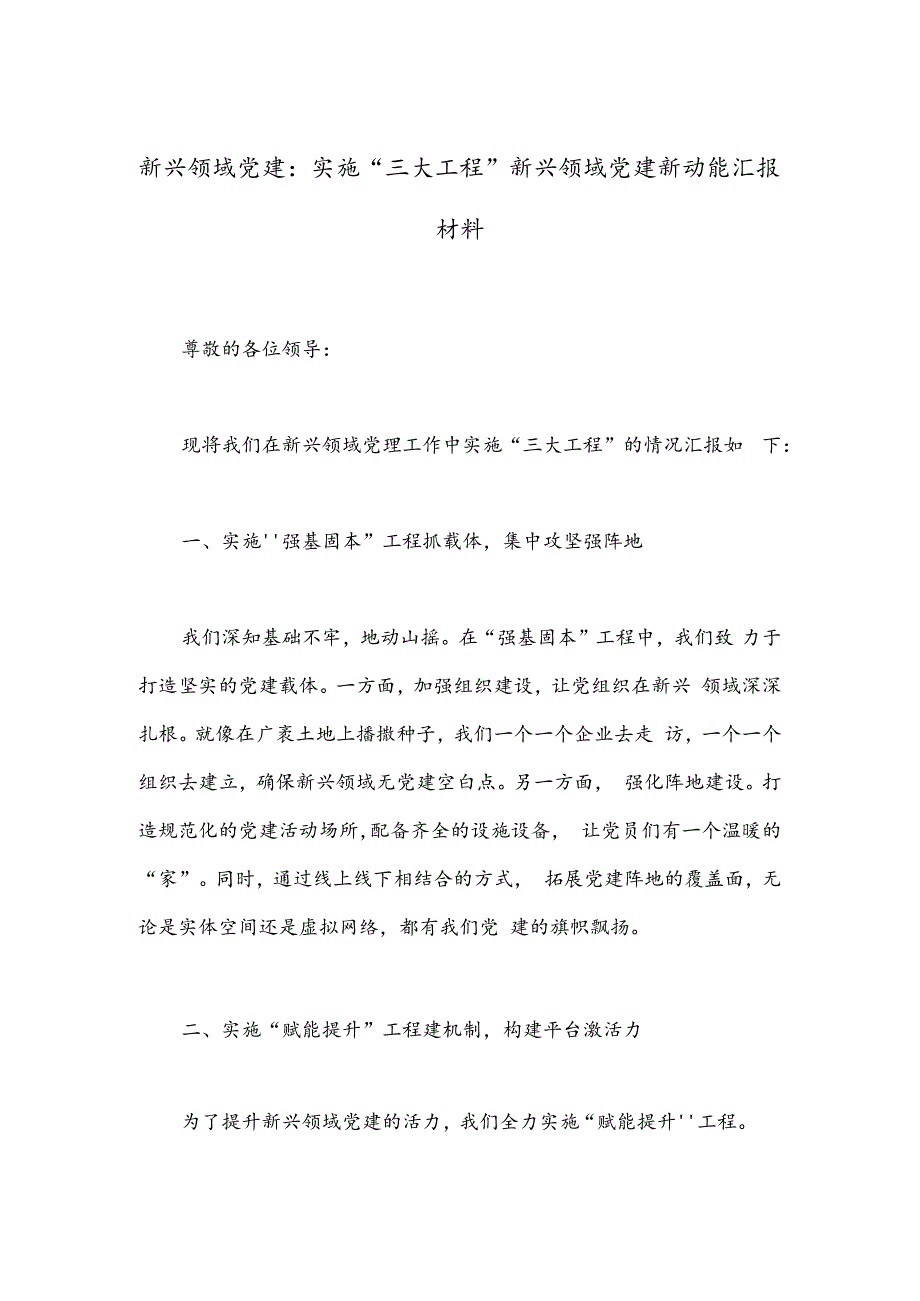 新兴领域党建：实施“三大工程”新兴领域党建新动能汇报材料.docx_第1页