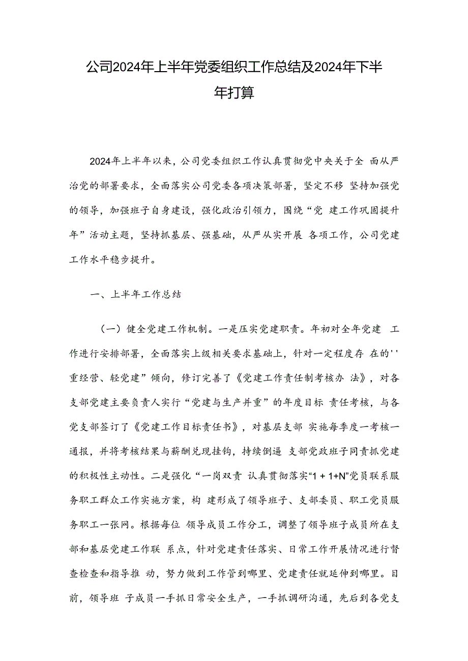 公司2024年上半年党委组织工作总结及2024年下半年打算.docx_第1页