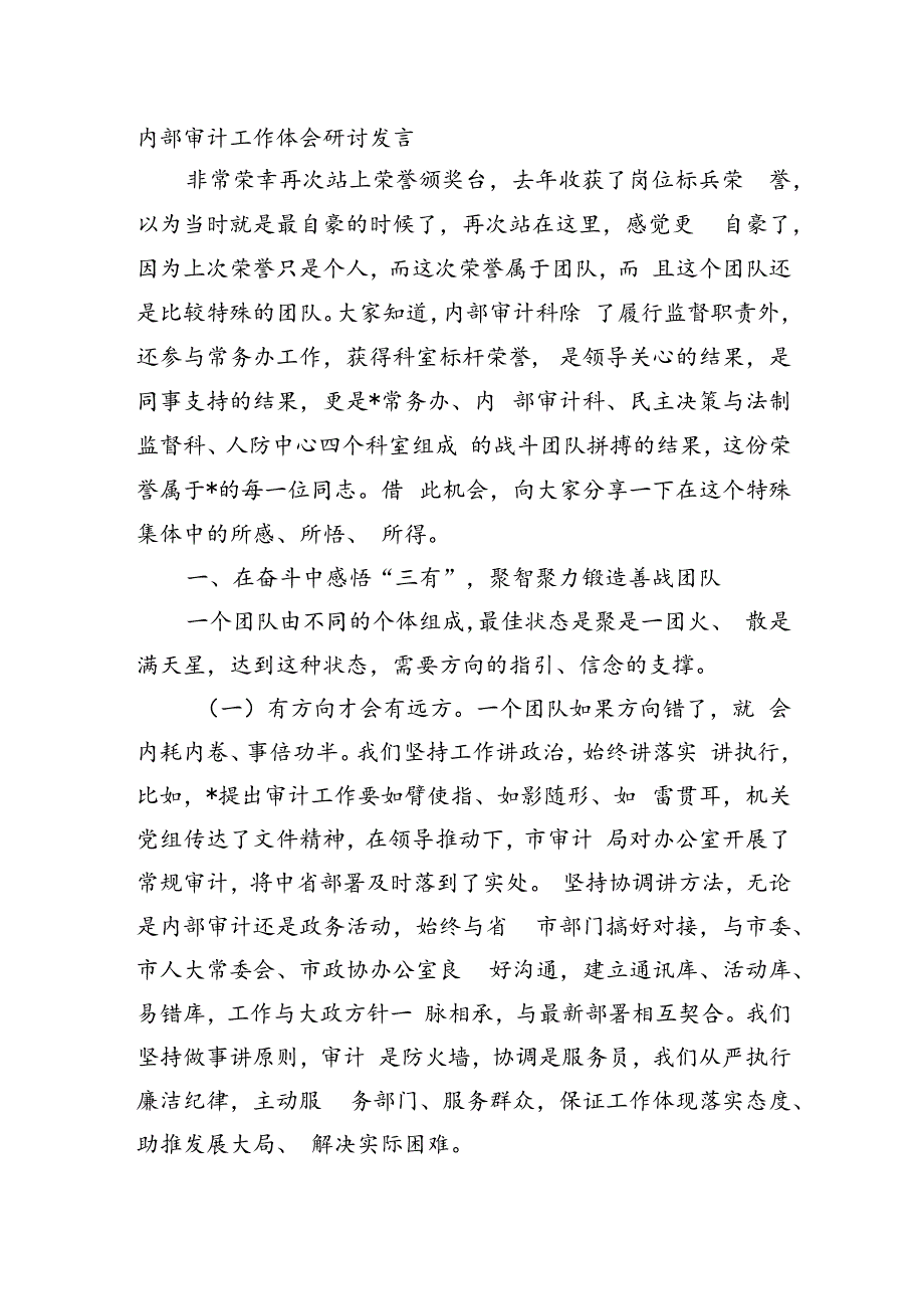 内部审计工作体会研讨发言.docx_第1页