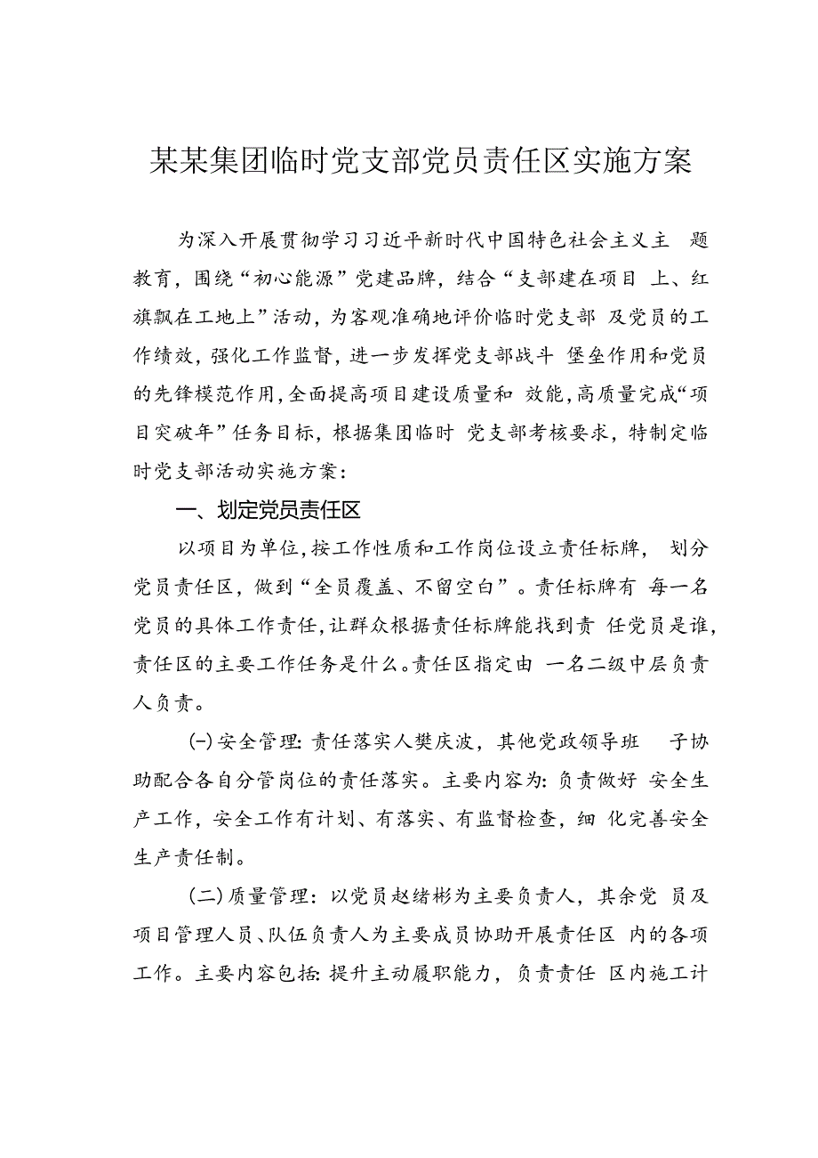 某某集团临时党支部党员责任区实施方案.docx_第1页