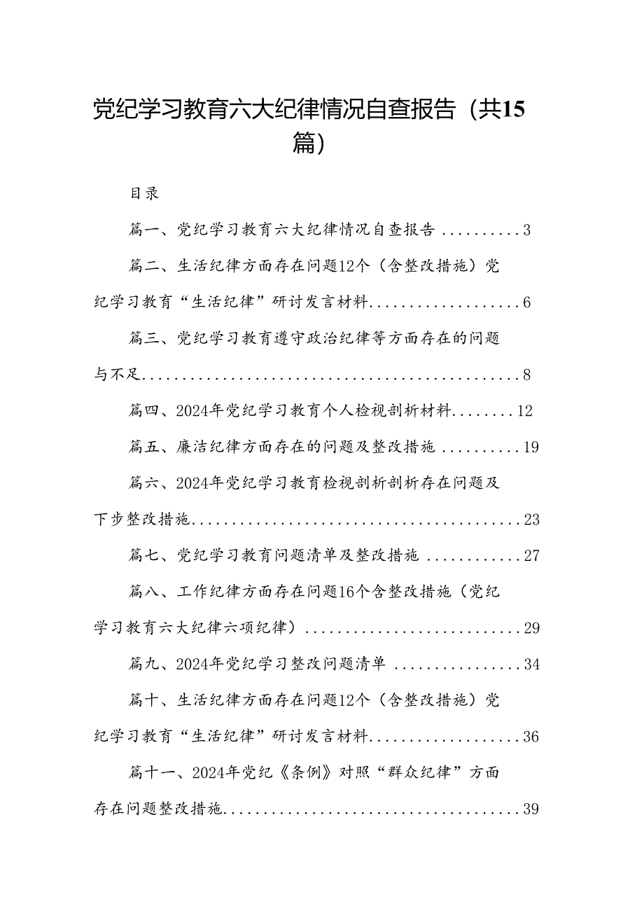 党纪学习教育六大纪律情况自查报告（共15篇）.docx_第1页