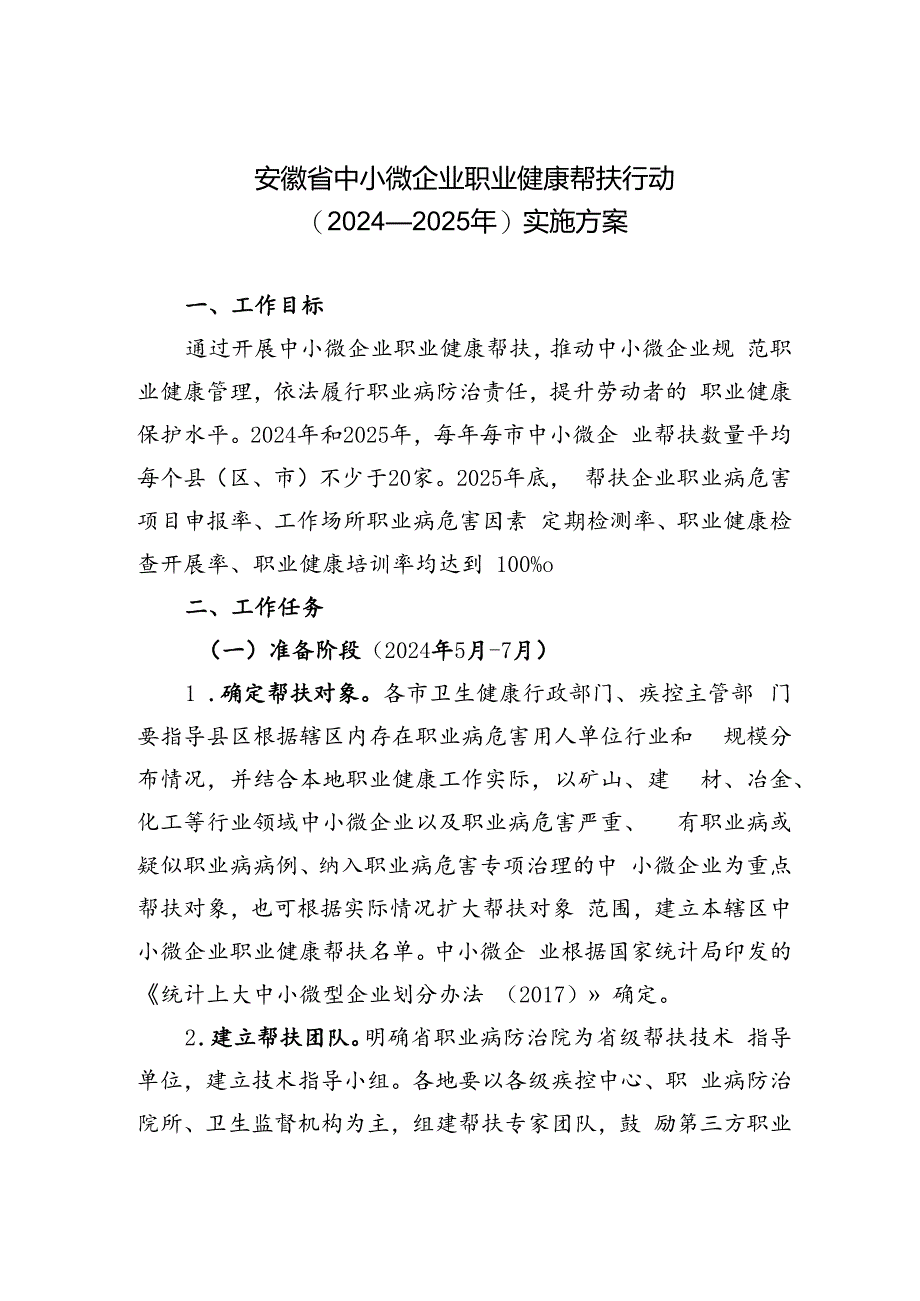 安徽省中小微企业职业健康帮扶行动（2024—2025年）实施方案.docx_第1页