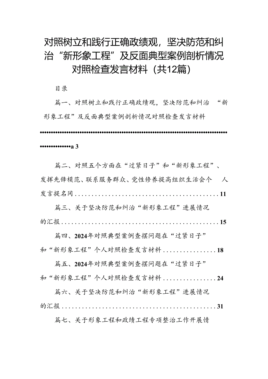 对照树立和践行正确政绩观坚决防范和纠治“新形象工程”及反面典型案例剖析情况对照检查发言材料（共12篇）.docx_第1页