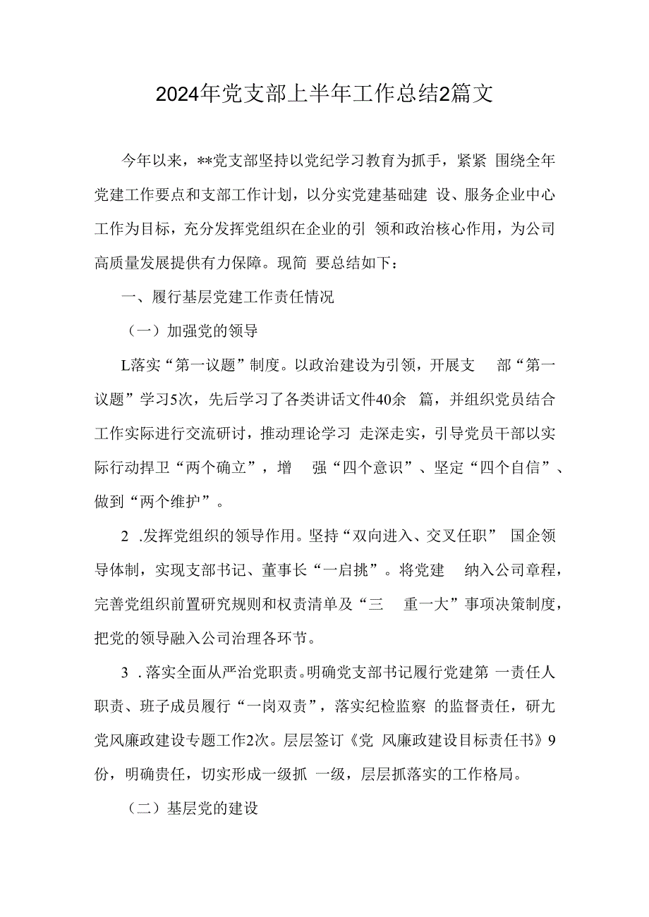 2024年党支部上半年工作总结2篇文.docx_第1页