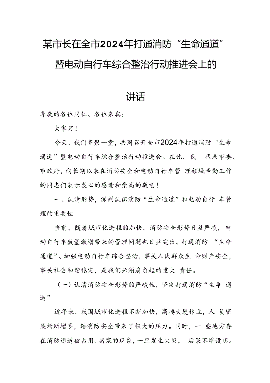 某市长在全市2024年打通消防“生命通道”暨电动自行车综合整治行动推进会上的讲话.docx_第1页