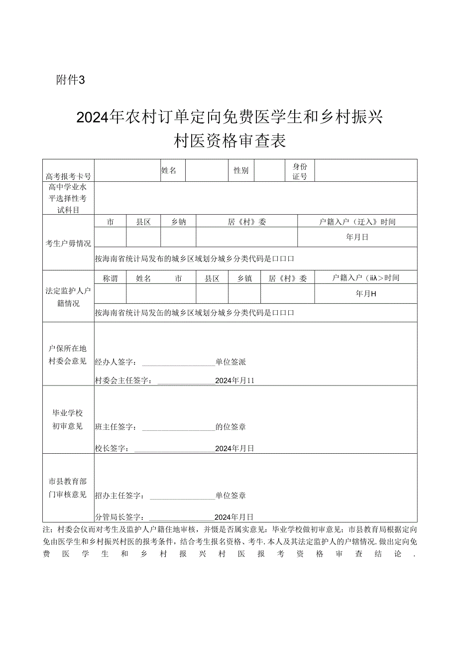 2024年农村订单定向免费医学生和乡村振兴村医资格审查表.docx_第1页