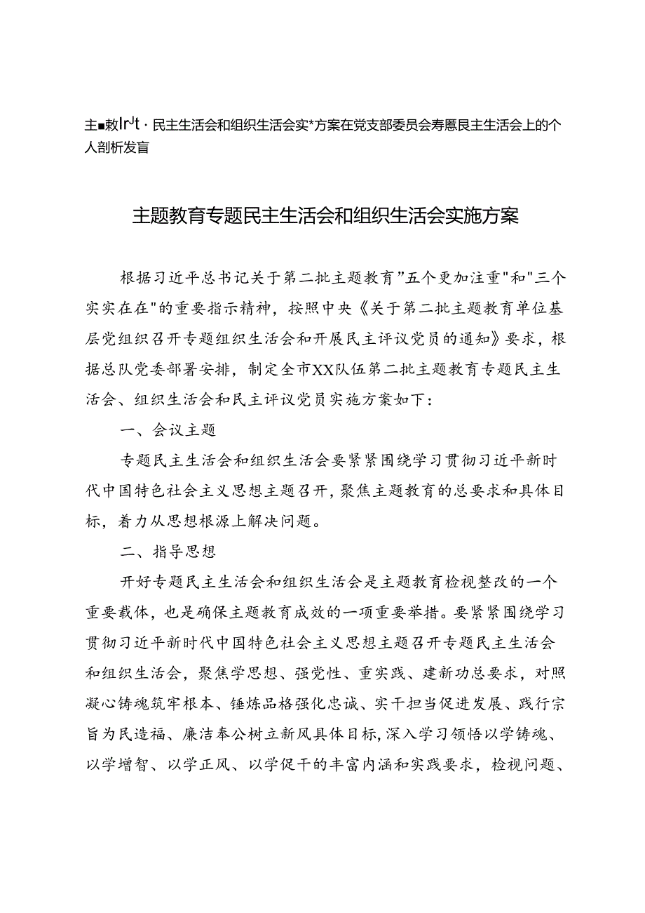 主题教育专题民主生活会和组织生活会实施方案+在党支部委员会专题民主生活会上的个人剖析发言2篇.docx_第1页