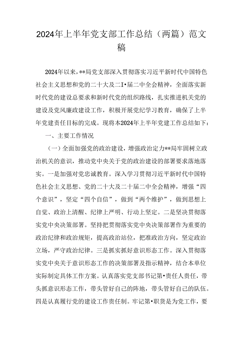 2024年上半年党支部工作总结（两篇）范文稿.docx_第1页