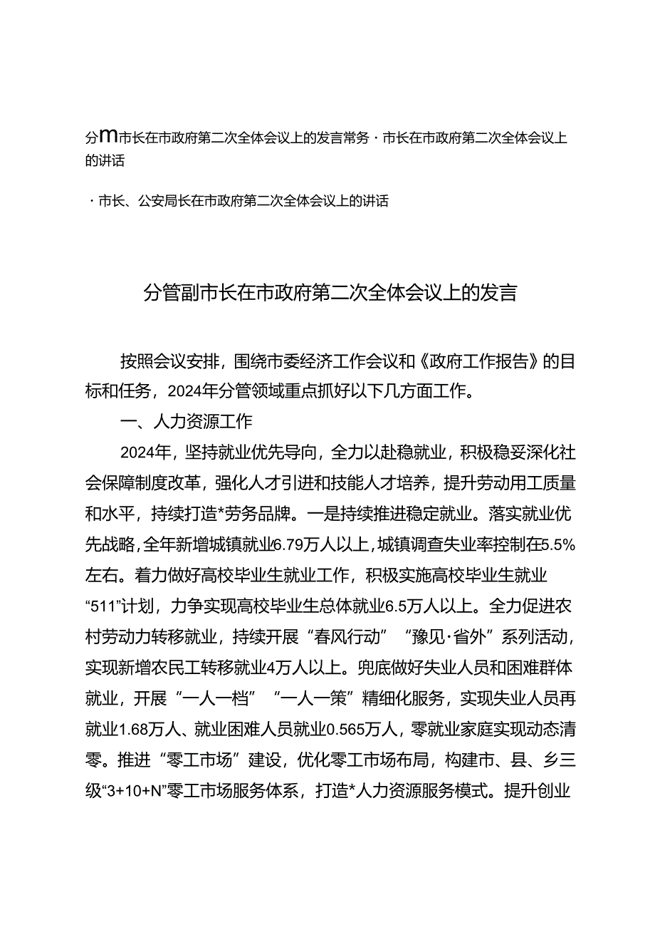 3篇 2024年分管副市长在市政府第二次全体会议上的发言.docx_第1页