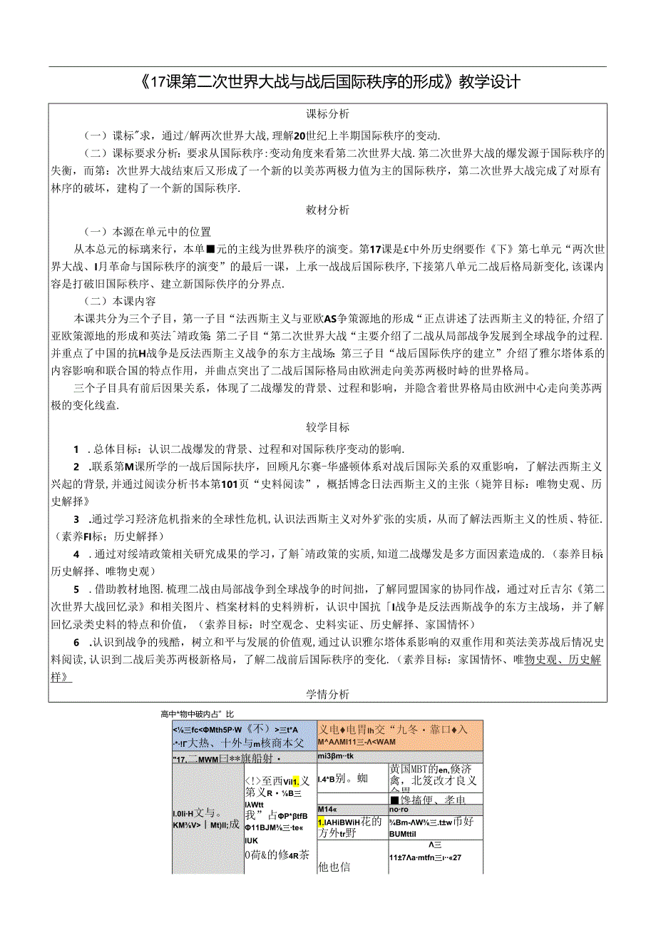 纲要下第17课 第二次世界大战与战后国际秩序的形成 教案设计（表格式）.docx_第1页