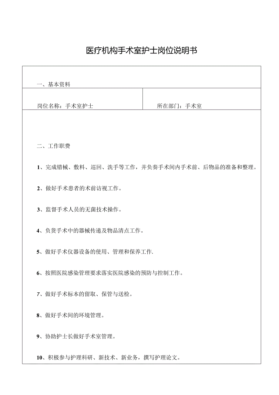 医疗机构手术室护士岗位说明书.docx_第1页