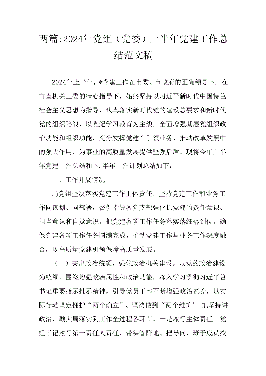 两篇：2024年党组(党委)上半年党建工作总结范文稿.docx_第1页