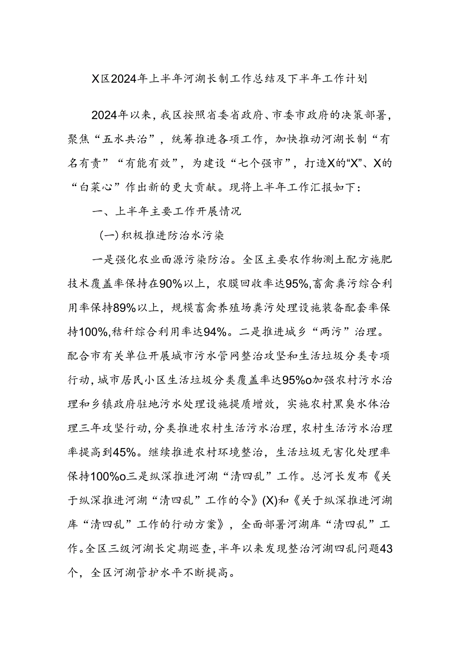 X区2024年上半年河湖长制工作总结及下半年工作计划.docx_第1页