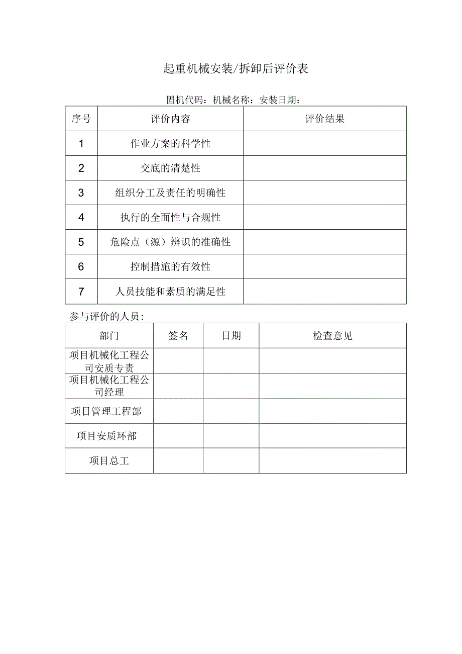 起重机械安装 拆卸后评价表.docx_第1页