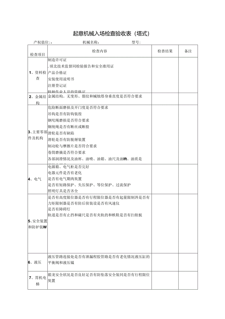 起重机械入场检查验收表（塔式）.docx_第1页