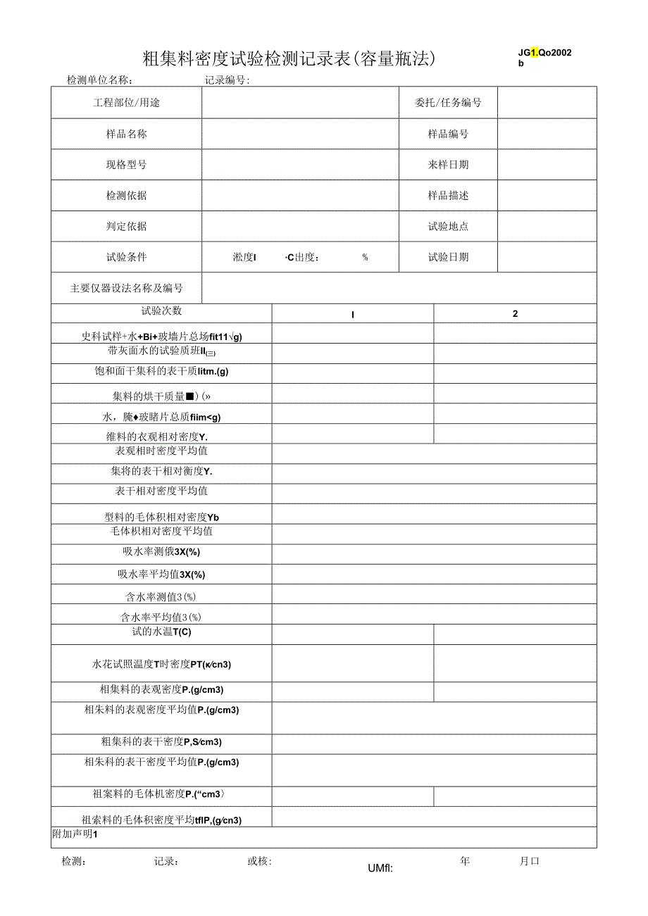 粗集料密度试验检测记录表(容量瓶法).docx_第1页