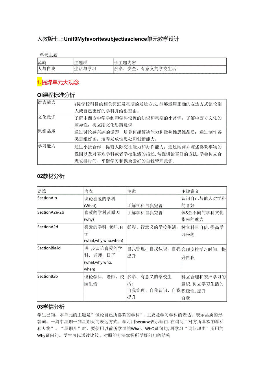 人教版七上Unit 9My favorite subject is science优质单元教学设计.docx_第1页