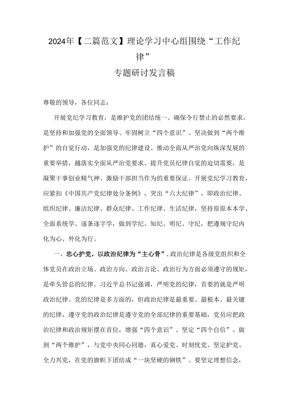 2024年【二篇范文】理论学习中心组围绕“工作纪律”专题研讨发言稿.docx_第1页