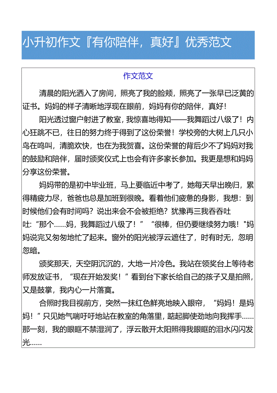 小升初作文有你陪伴真好优秀范文.docx_第1页