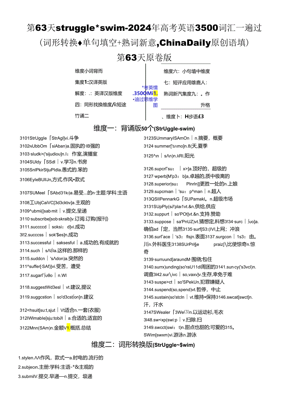 第63天 struggle~swim（词形转换+单句填空+熟词新意+China Daily原创语填）含解析.docx_第1页