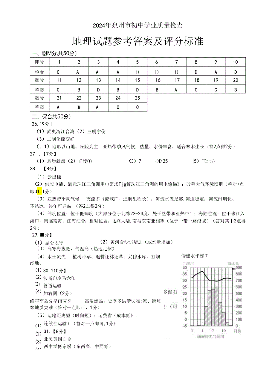 2024泉州质检参考答案.docx_第1页