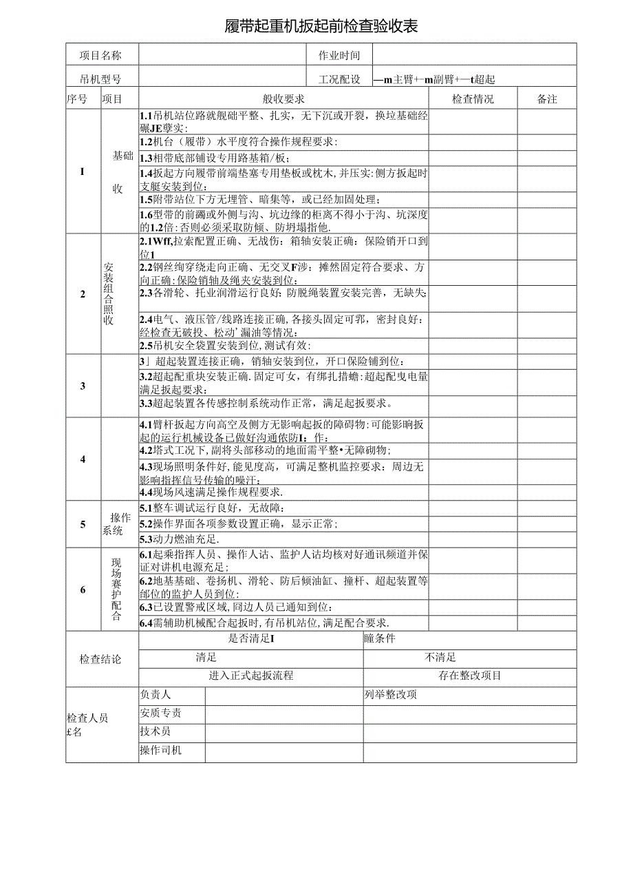 履带起重机扳起前检查验收表、使用前检查验收表.docx_第1页