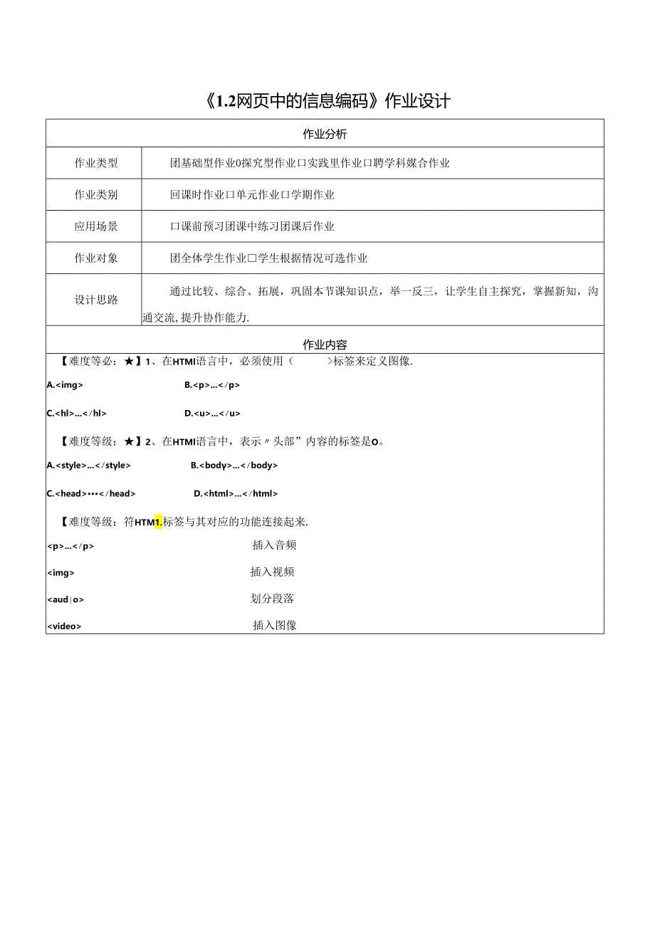 1.2网页中的信息编码 作业设计 电子工业版信息科技七年级下册.docx_第1页