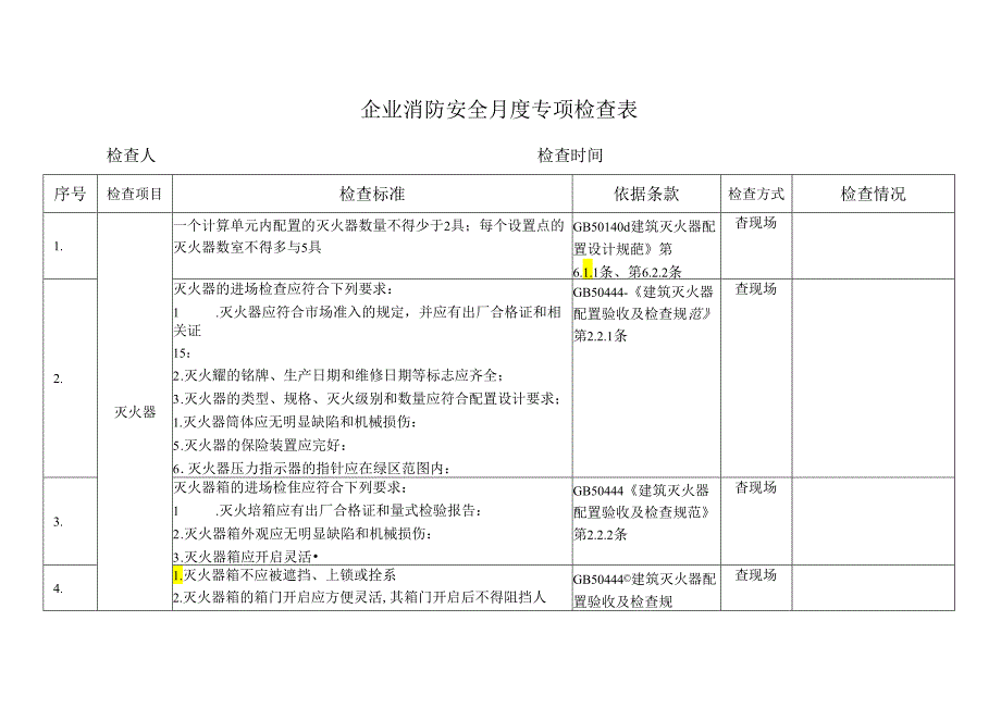 企业消防安全月度专项检查表.docx_第1页