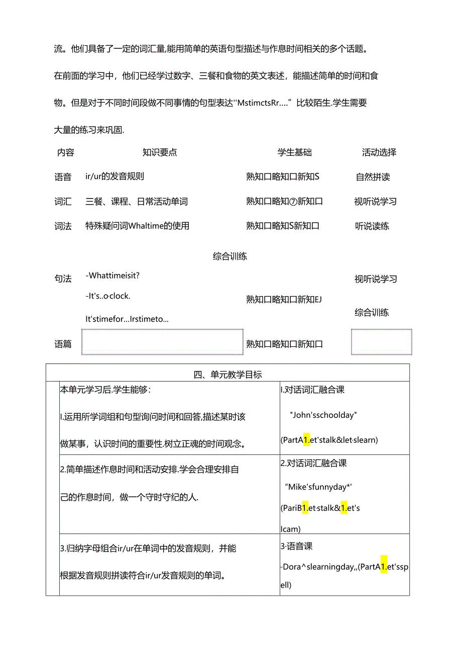 人教版pep四年级下册Unit 2 What time is it_ B talk & learn大单元整体教学设计 作业设计.docx_第3页