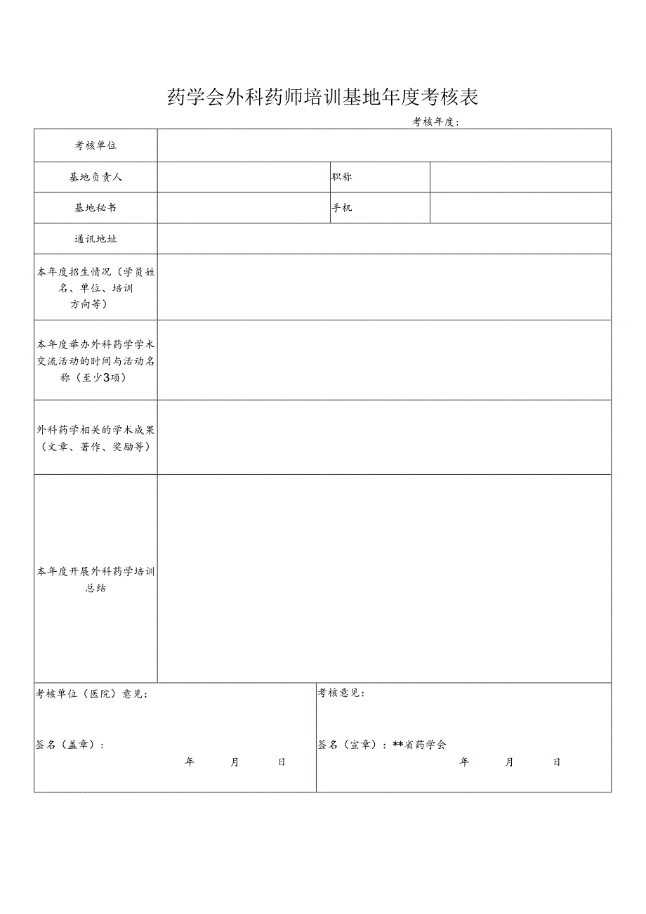 药学会外科药师培训基地年度考核表.docx_第1页