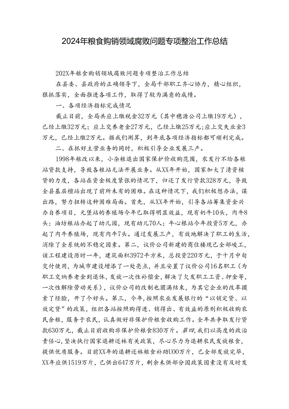 2024年粮食购销领域腐败问题专项整治工作总结.docx_第1页