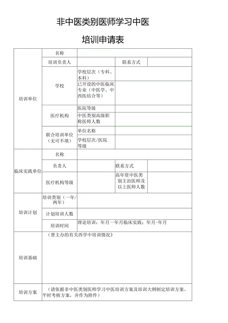 非中医类别医师学习中医培训申请表.docx_第1页