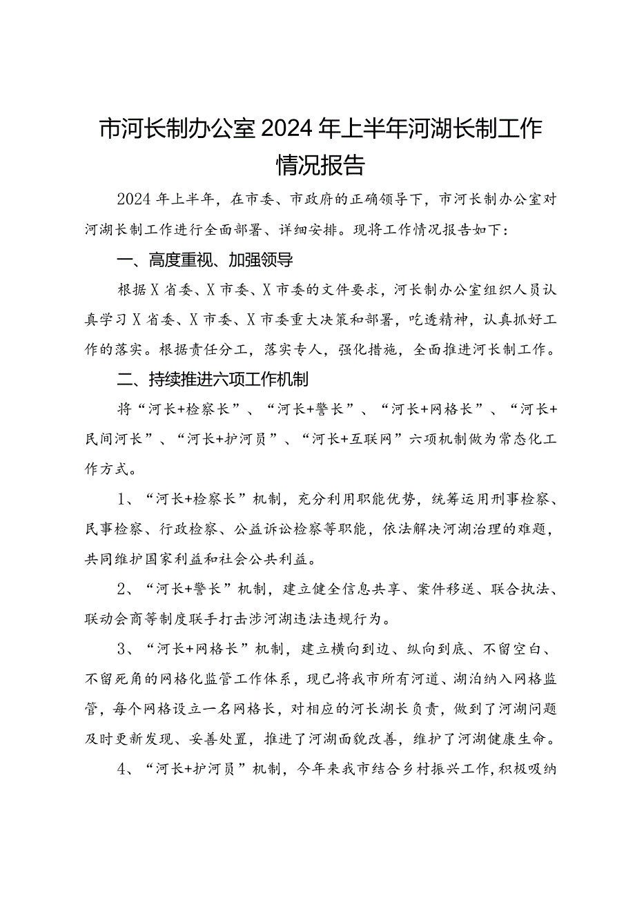 市河长制办公室2024年上半年河湖长制工作情况报告.docx_第1页