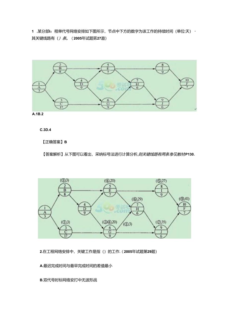 9一建《管理》典型题目：关键工作和关键线路.docx_第1页