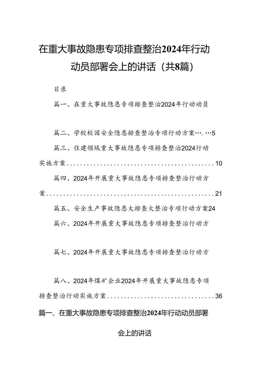 在重大事故隐患专项排查整治2024年行动动员部署会上的讲话8篇（最新版）.docx_第1页