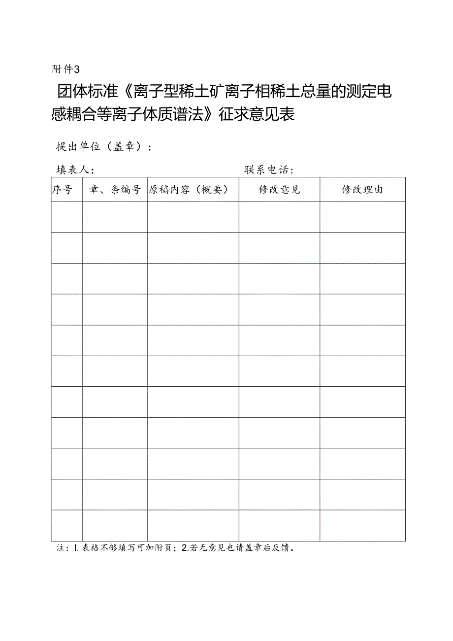 3. 团体标准《离子型稀土矿 离子相稀土总量的测定 电感耦合等离子体质谱法》征求意见表.docx_第1页