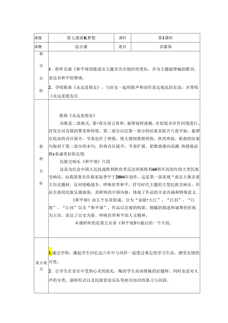 放飞梦想 第一课时和平颂（片段） 永远是朋友（教案）人音版音乐六年级下册.docx_第1页