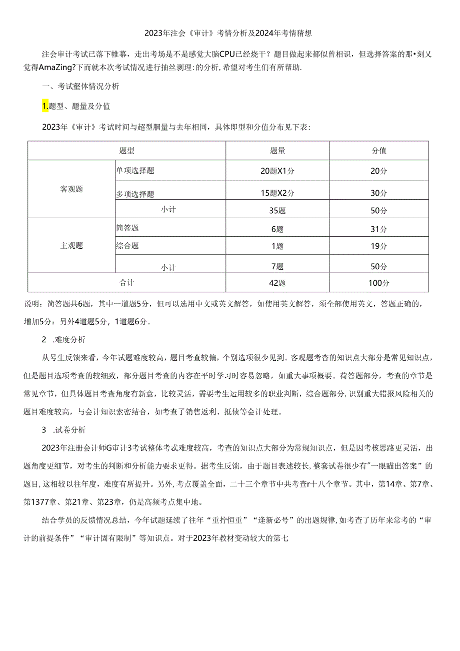 2023年注会《审计》考情分析及2024年考情猜想.docx_第1页