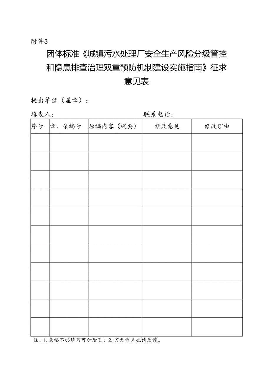 3.团体标准《城镇污水处理厂安全生产风险分级管控和隐患排查治理双重预防机制建设实施指南》征求意见表.docx_第1页