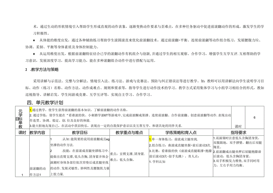 小学体育教学：二年级 体操 前滚翻单元 学期单元计划.docx_第2页